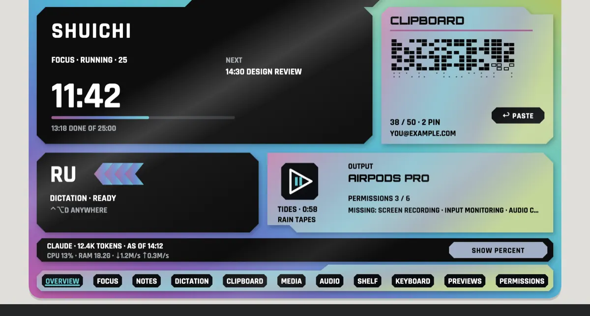 Design study in progress, not in the app yet: the Shuichi hub as holographic decals.