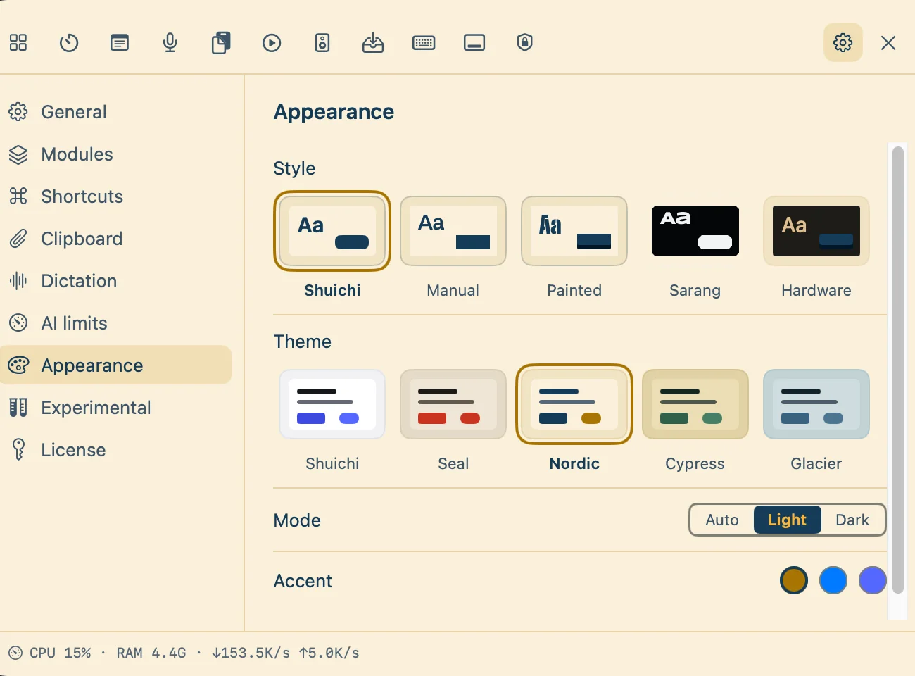 Shuichi's Settings, Appearance page in the beta: five styles and five themes, with Light mode chosen.