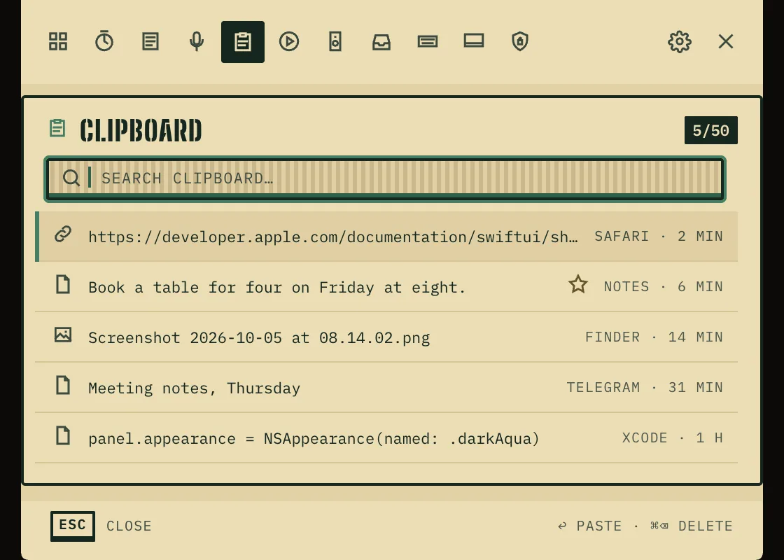 The Shuichi hub on the Clipboard tab in the Painted style: stencil capitals and ribbed fields.