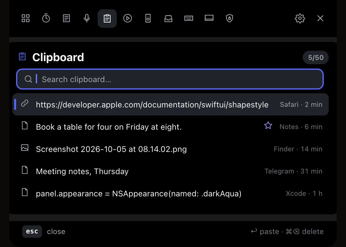 The Shuichi hub on the Clipboard tab in the Shuichi style: a glass panel with rounded controls, dark theme.
